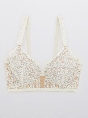 aerie Real Power Plunge Push Up Far Out Lace Long Lije Bra Cream 32B